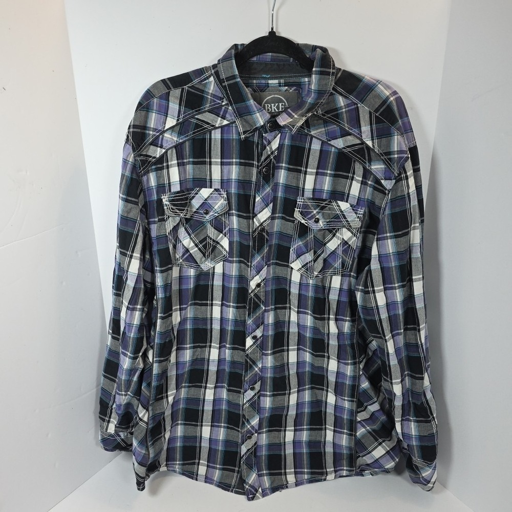 BKE Shirt Men's Purple Black Plaid Checkered Pearl Snap Athletic Fit XXL